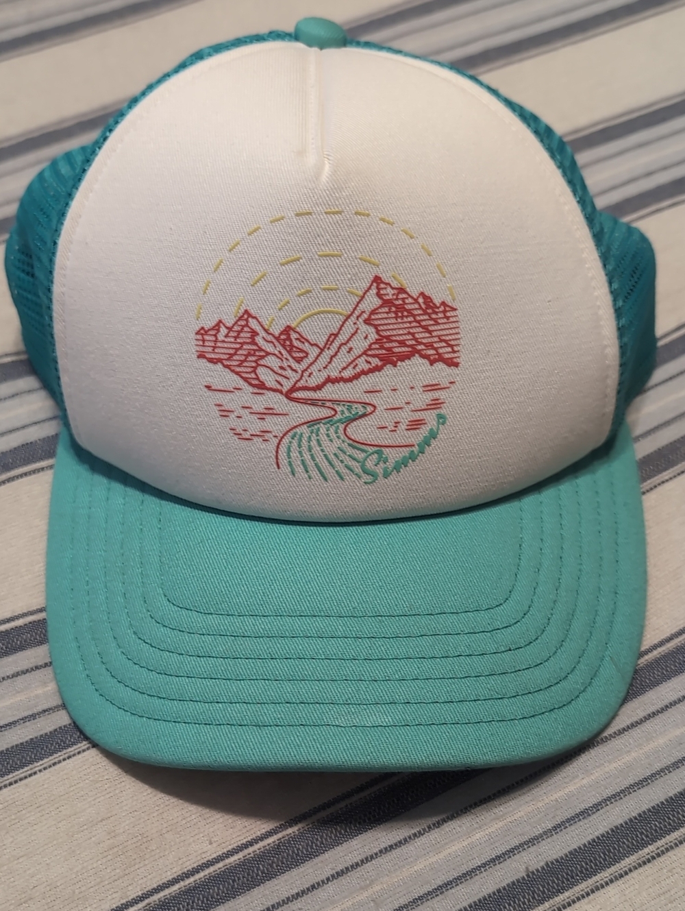 Simms Teal & White Trucker Hat with Mountain Graphic
